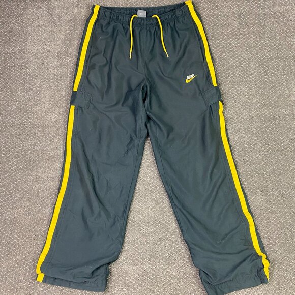 Vintage Nike Cargo Track Pants Men's Medium Gray Yellow Woven Gym Y2K Baggy - Picture 1 of 16